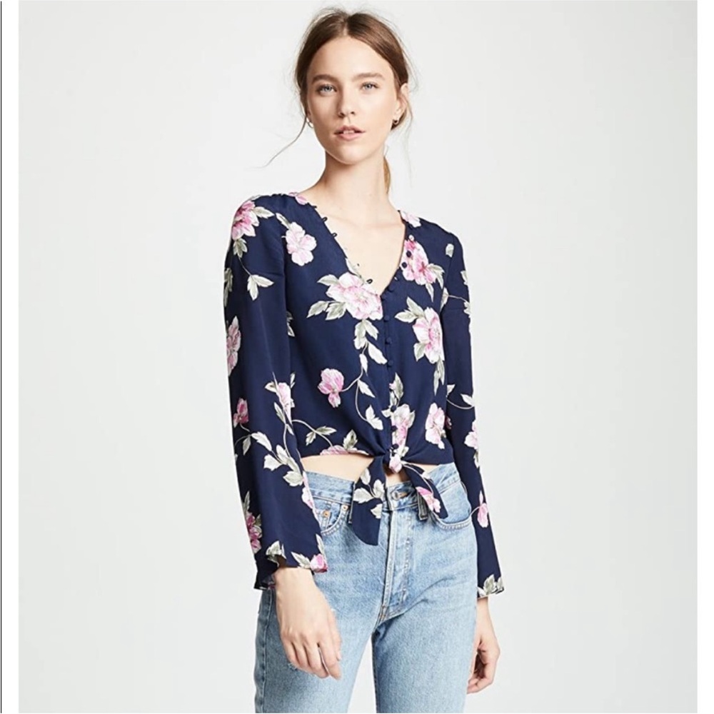 Cupcakes & Cashmere Blue Floral Tie Front Bell Sleeve Blouse, Size XS